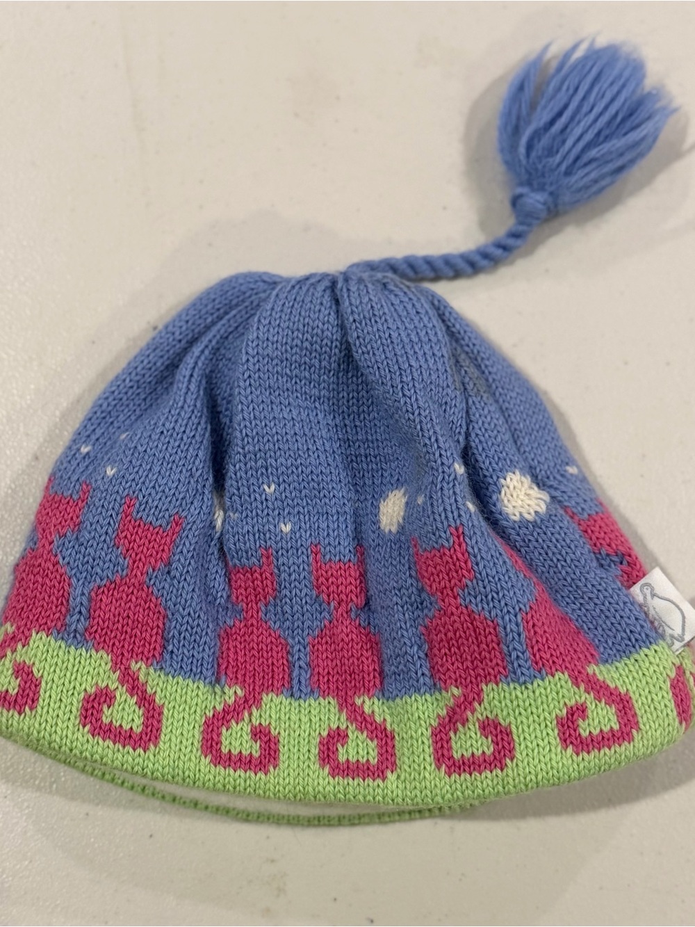 Kids Knit Pom Beanie in Periwinkle Blue with Pink Cat Pattern